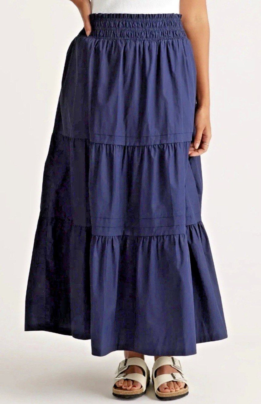 Quince Women 100% Organic Cotton Poplin Tiered Maxi Skirt Blue M Preppy Classic